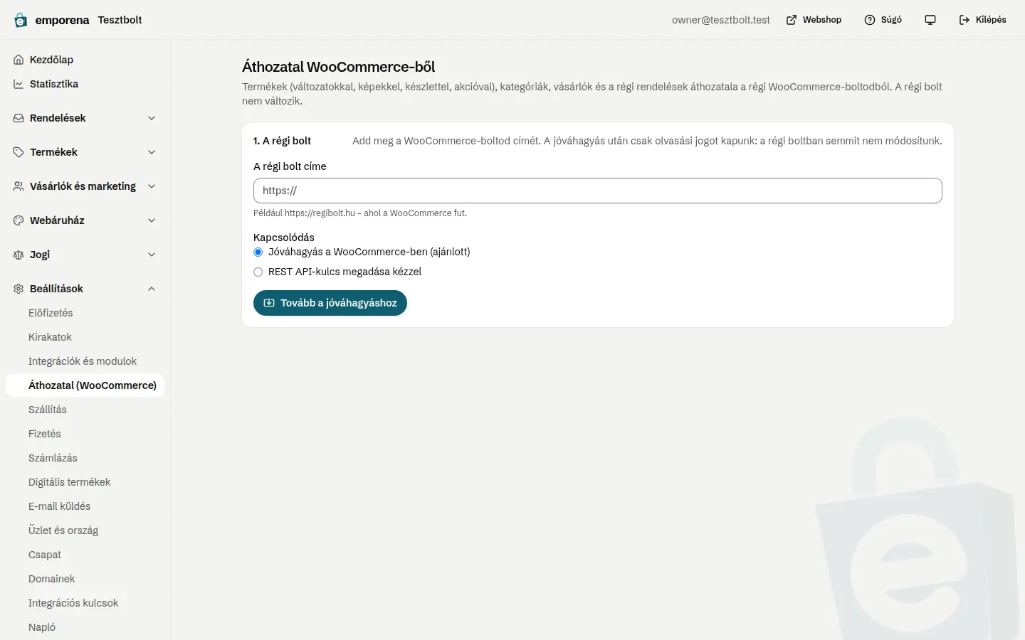 Áthozatal WooCommerce-ből az adminban: a régi bolt címe és a kapcsolódás módja