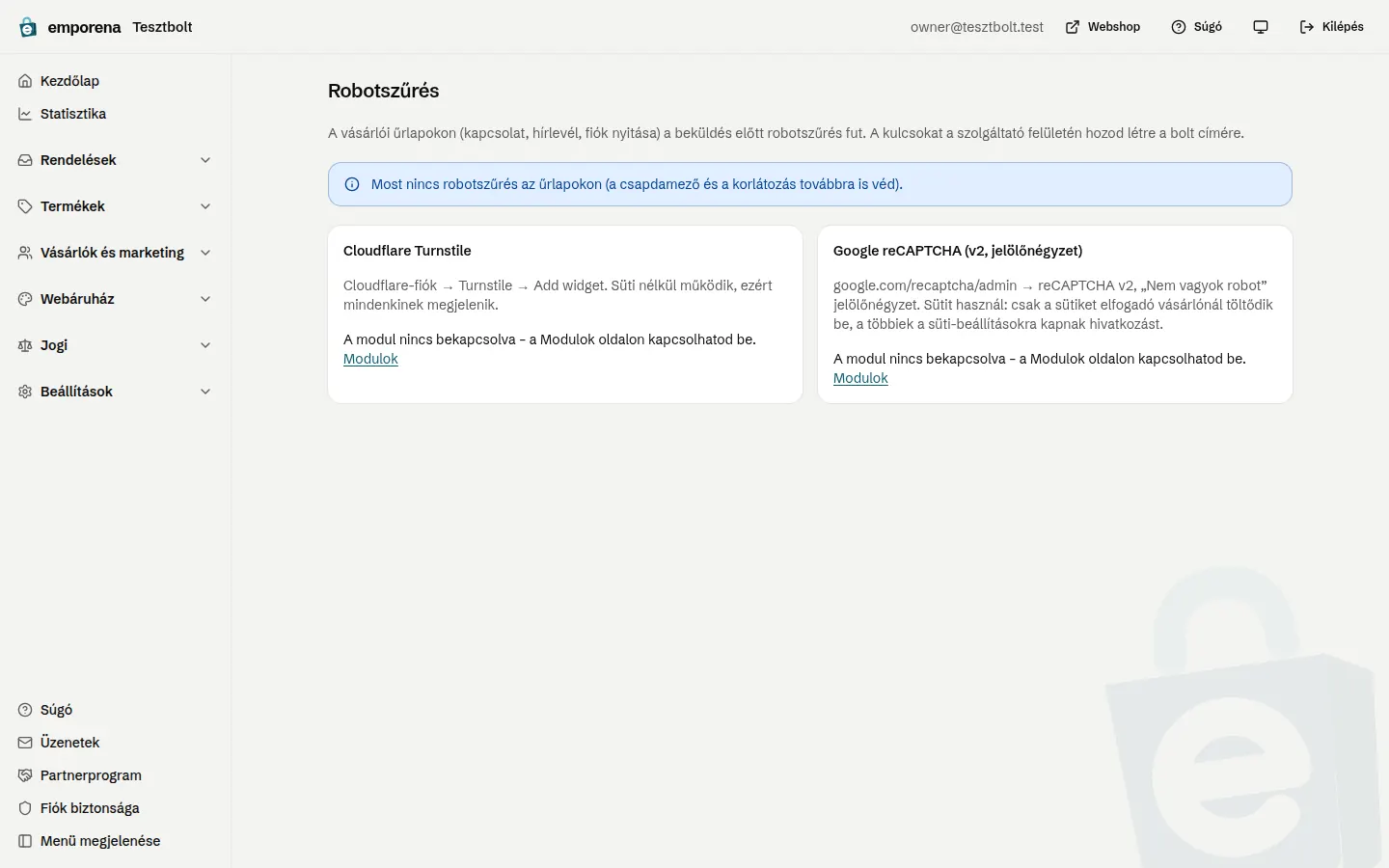 Robotszűrés az adminban: Cloudflare Turnstile és Google reCAPTCHA kártya, a kulcsok megadásával