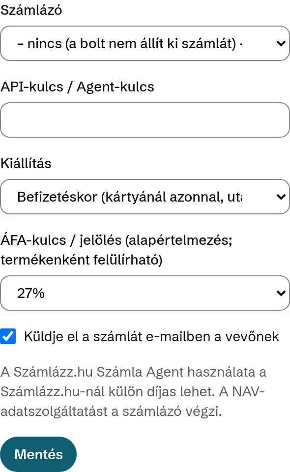 Számlázás beállításai: számlázó, API-kulcs, kiállítás időpontja, ÁFA-kulcs, számla küldése e-mailben