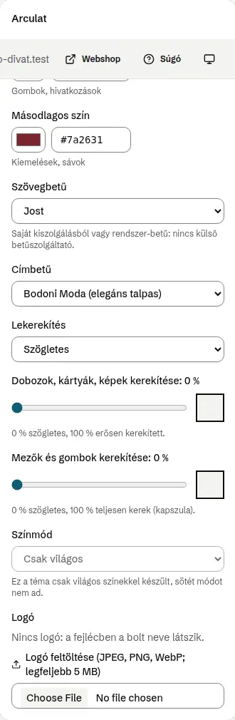 Az Arculat panel: elsődleges és másodlagos szín, szöveg- és címbetű, lekerekítés, színmód és logó