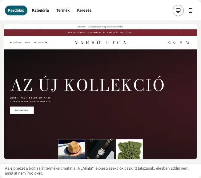 Az élő előnézet: kezdőlap, kategória, termék és keresés, asztali vagy telefonos méretben