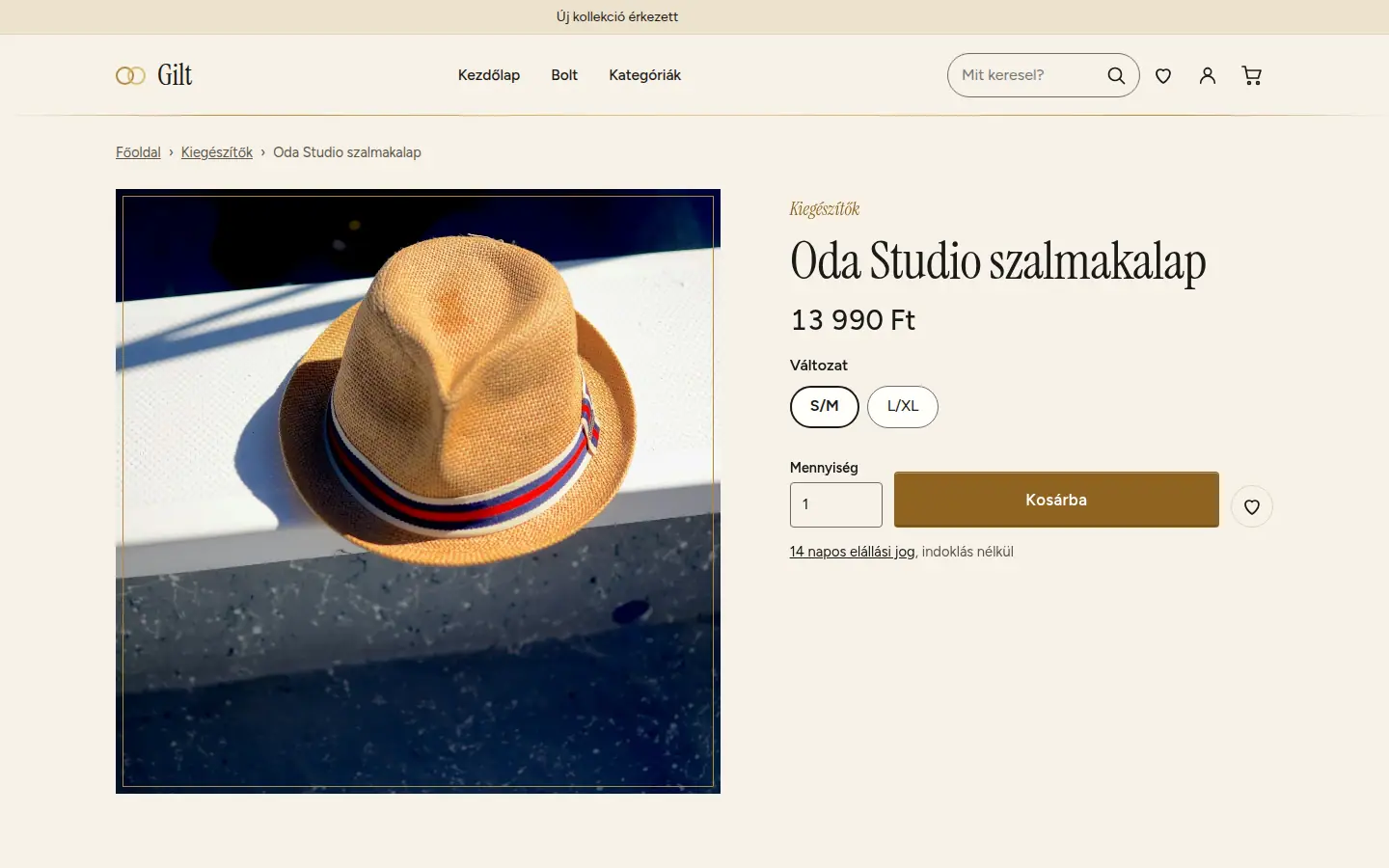 Gilt téma – Termékoldal lenyílókkal